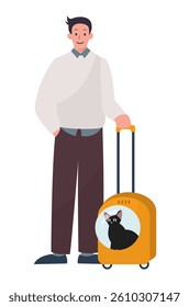 man with his cat in carrier