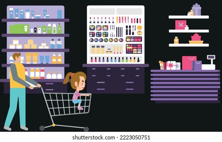
man and his child grocery shopping