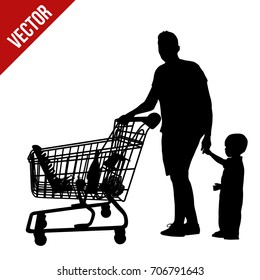 Man and his child silhouette with shopping cart at supermarket on white background, vector illustration