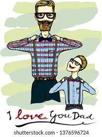 A man and his child wearing tie. Vector illustration for father day greeting card, flyer concept, etc.
