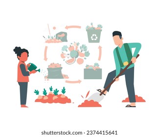 Der Mensch und sein Kind arbeiten mit Schaufel in der Gartenarbeit und Landwirtschaft. Nachhaltige Lebenskonzeptuelle Illustration im flachen Design-Stil 