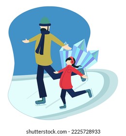 A man and his daughter play ice skate on winter holidays