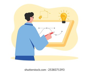 Man at his desk, drawing a work of art. Character design. Vector flat illustration