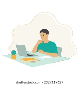 Man at his desk with laptop. Workplace of company employee. Student or office worker, concept. Adult young man working or studying, vector illustration