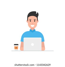 Man at his desk is working on the laptop computer and drinking coffee. Freelance job concept. Vector illustration.