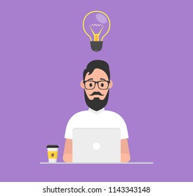 Man at his desk is working on the laptop computer and drinking coffee. Freelance job concept. Vector illustration.