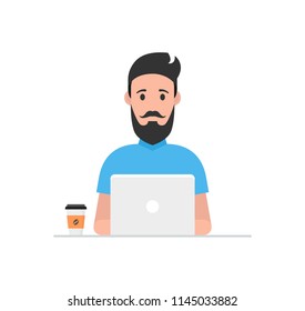 Man at his desk is working on the laptop computer and drinking coffee. Freelance job concept. Vector illustration.