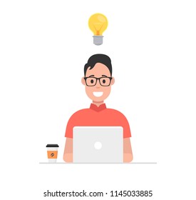 Man at his desk is working on the laptop computer and drinking coffee. Freelance job concept. Vector illustration.