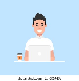 Man at his desk is working on the laptop computer and drinking coffee. Freelance job concept. Vector illustration.