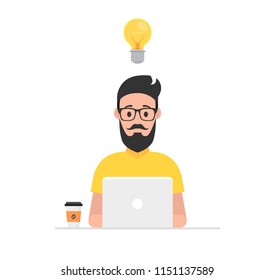 Man at his desk is working on the laptop computer and drinking coffee. Freelance job concept. Vector illustration.