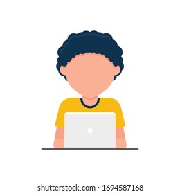 Man at his desk is working on the laptop computer . Freelance job concept. flat Vector illustration.
