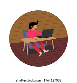 Un hombre en su escritorio está trabajando en el ordenador portátil. Ilustración plana del vector
