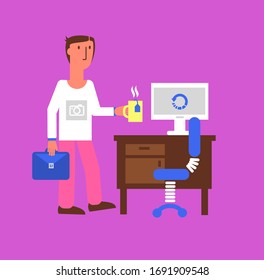Man and his desktop with computer. Cartoon flat illustration.