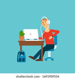 Man and his desktop with computer. Cartoon flat illustration.