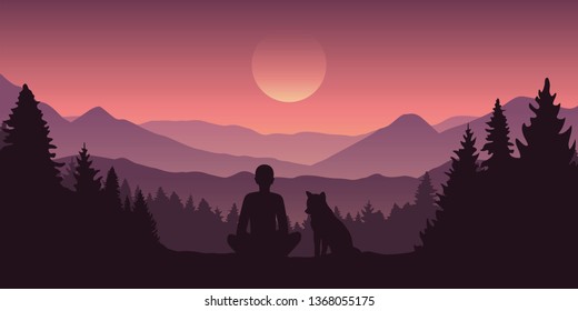 man and his dog beautiful red mountain forest landscape vector illustration EPS10