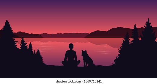 man and his dog by the lake beautiful red landscape vector illustration EPS10