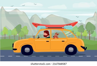 A man and his dog are driving in a car on the road and carrying a canoe. Summer road trip. Vector illustration.