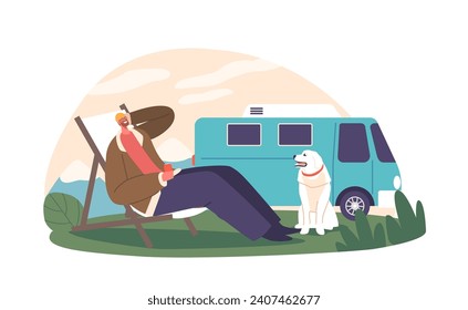 Man And His Dog Enjoy A Leisurely Weekend Outdoors, Relaxing On A Daybed. Basking In The Sunlight, Vector Illustration