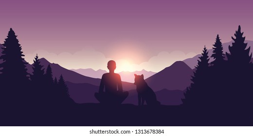 man and his dog enjoy the sunrise at beautiful purple mountain nature landscape vector illustration EPS10