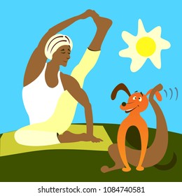 Man and his dog. Flat design, cartoon characters.