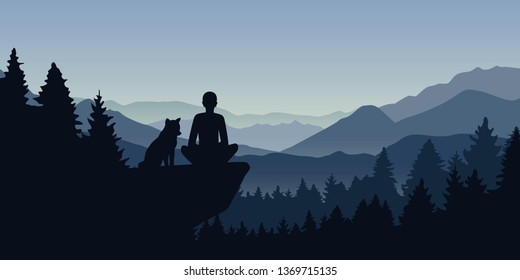man and his dog on a cliff in the forest with mountain view nature landscape vector illustration EPS10