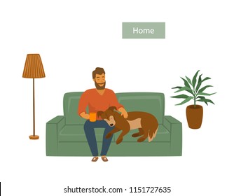 man with his dog on sofa at home vector illustration scene