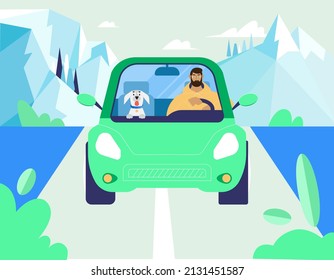 Man and his dog riding a car on a vacation trip. Man drives car, pet on passenger seat. Vector illustration in flat style