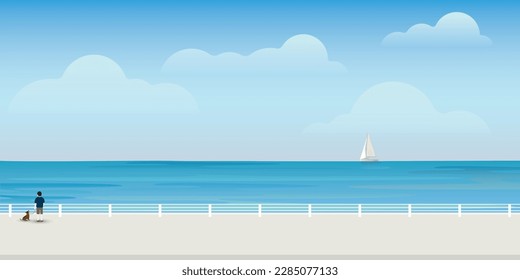 Man with his dog at seashore in summer. Seascape and blue sky flat design background.