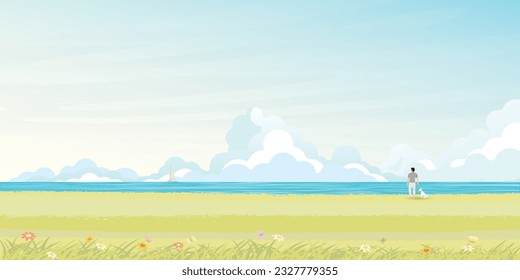 Hombre con su perro a orillas del mar en ilustración vectorial de verano. Fondo de diseño plano con cielo azul y capa marina.