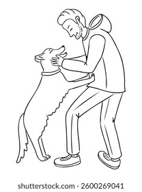 A man and his dog sharing a joyful moment, symbolizing friendship and loyalty. A hand-drawn vector illustration perfect for pet-related designs, animal care themes, and emotional connection concepts.