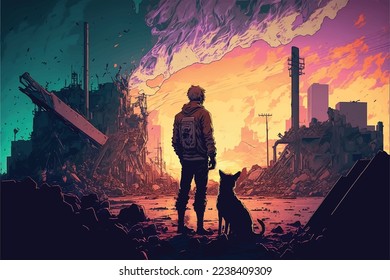 The man with his dog standing and looking at his destroyed city, digital art style, illustration