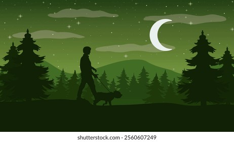 A Man and His Dog Walking at Night - Beautiful 2D Landscape Silhouette Wallpaper