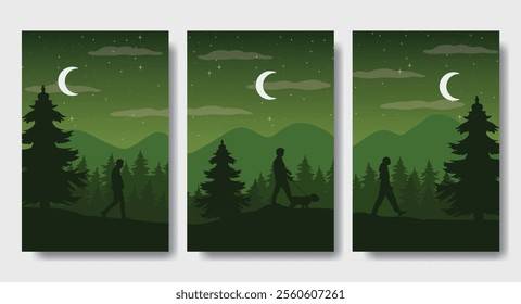 A Man and His Dog Walking at Night - Silhouette Design Set, Beautiful 2D Landscape Silhouette Wallpaper Set