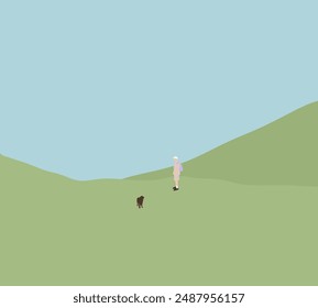 Man with his dog walking on green mountain. Outdoor leisure activity and time for friendship in nature. Healthy lifestyle concept.