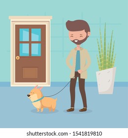man with his dog walking pet care vector illustration