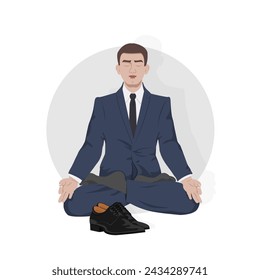 A man with his eyes closed in a business suit is sitting in the lotus position. There are shoes nearby. Yoga.