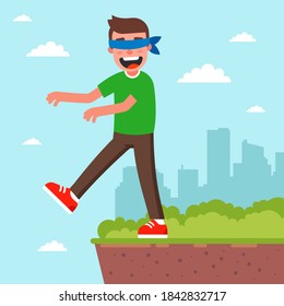 a man with his eyes closed can fall into oblivion. step into the unknown. flat vector character illustration.