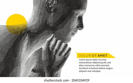 Man with his fist under his chin. Abstract digital human head. Time to think. Minimalistic design for business presentations, flyers or posters. 3d vector illustration.