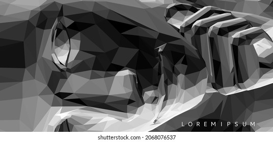 Man with his fist under his chin. Abstract digital human head. Time to think. Minimalistic design for business presentations, flyers or posters. 3d vector illustration.