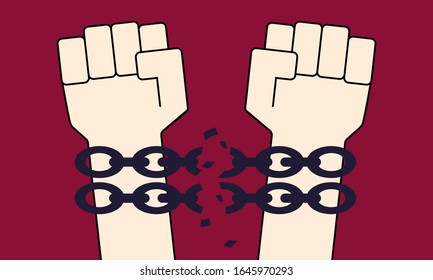 A man with his fists raised breaks the chains. Freedom concept. Flat design. Vector illustration