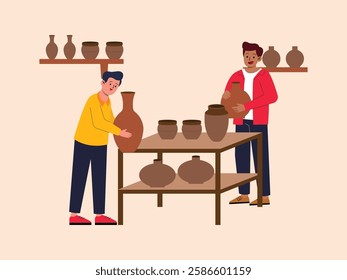 Man and his friend are making clay crafts, they are making several sizes and shapes.
design, illustration, vector