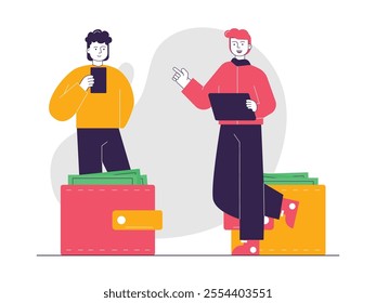 A man and his friend are trying to save money, in a digital wallet via mobile phone. Character design. Vector flat illustration