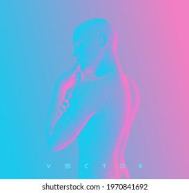 A man with his hand on his chin as though he was thinking. Artificial intelligence concept. Searching for answers. Digital technology background. Voxel art. 3D vector illustration.