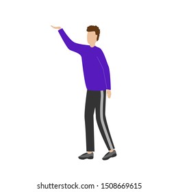Man with his hand up. Flat cartoon character isolated on white background