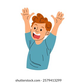 Man with his hands up in the air. Frightened man. Flat vector illustration on white background.