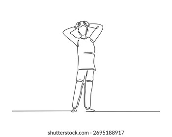 Man with his hands on his head in single outline illustration. Continuous line art drawing of depressed man holds head. Editable stroke.