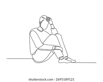Hombre con las manos en la cabeza en una sola ilustración de contorno. Dibujo de arte lineal continuo del hombre deprimido sostiene la cabeza. Trazo editable.