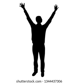 A man with his hands up on a white background, vector, illustration, black outline, a pose of joy