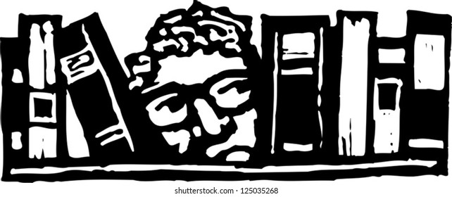 A man with his head between books on a shelf