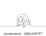 man with his head bowed lies on all fours on the floor - one line drawing vector. concept of suffering, devastation, crisis, despair, fatigue